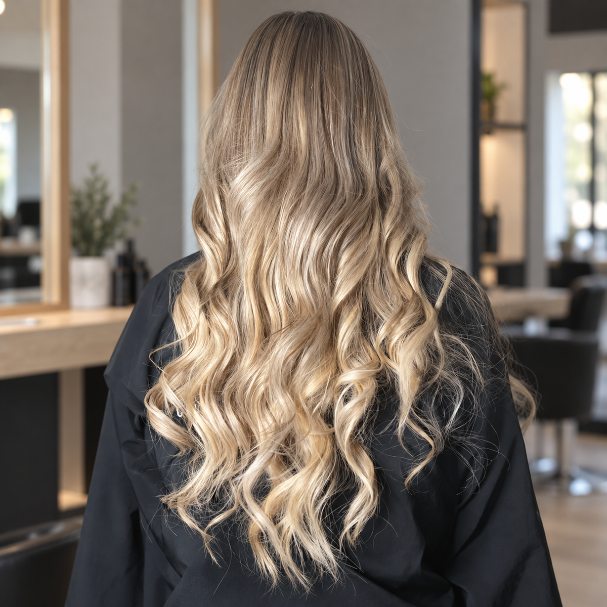 Cheveux longs et ondulés, blond balayé, avec extensions naturelles