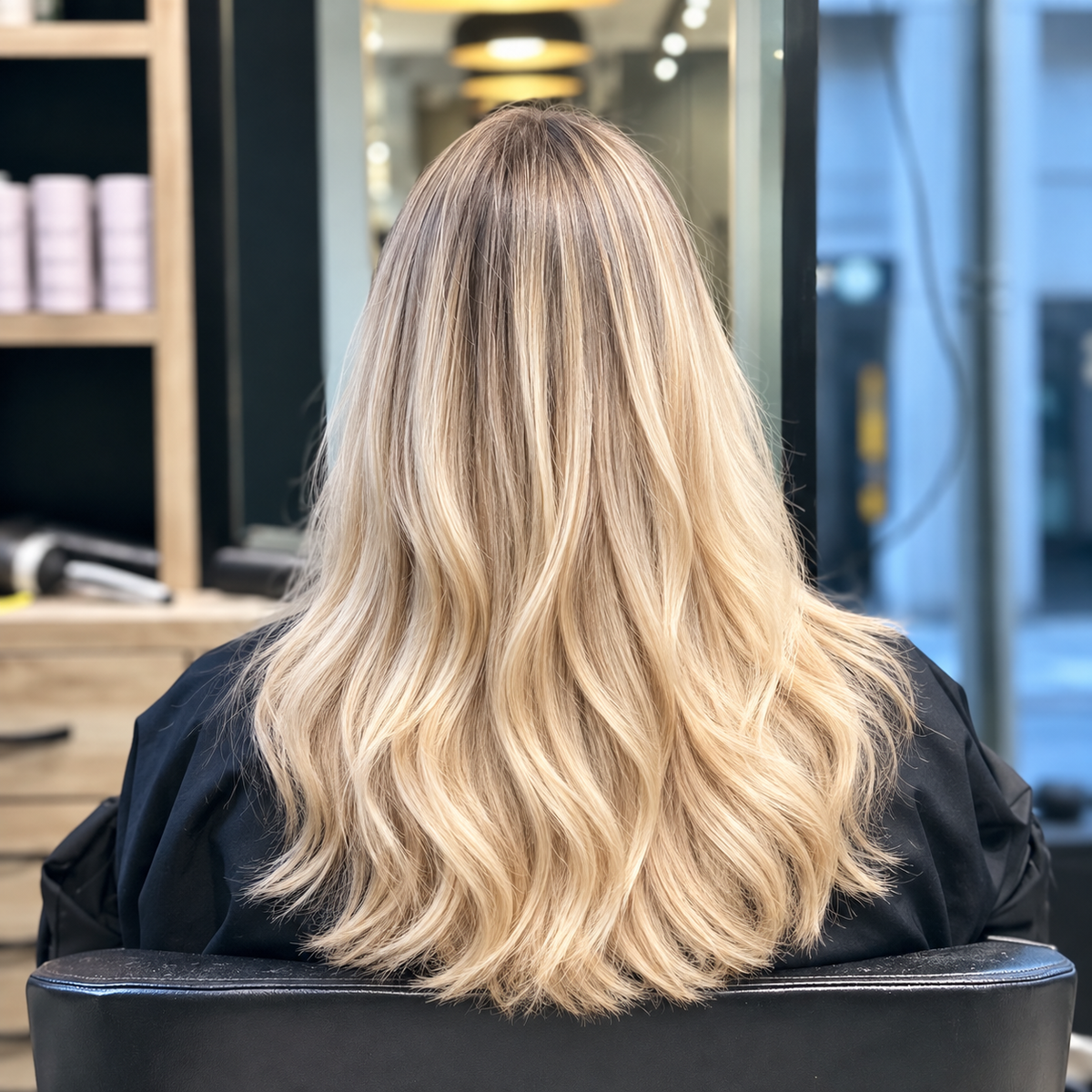 Foilyage blond sur cheveux longs ondulés